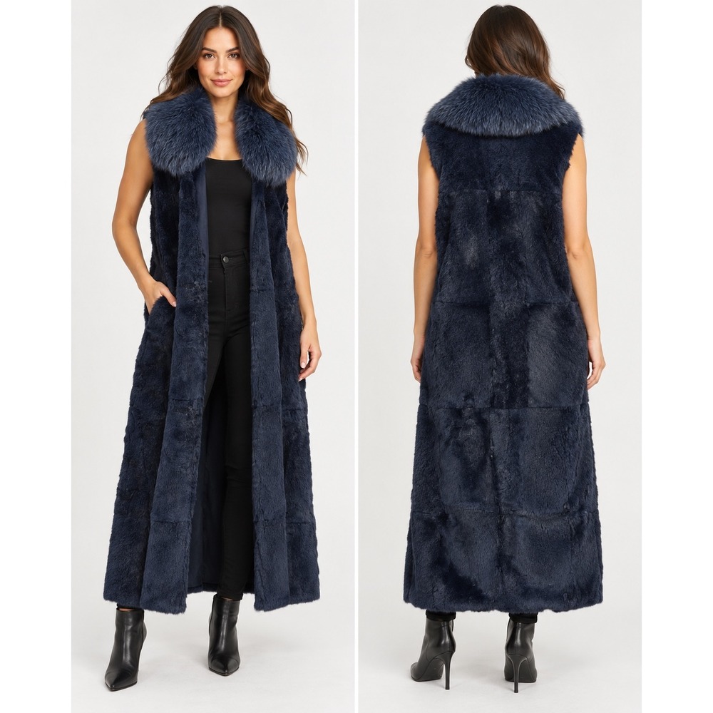 Womens Navy Blue Faux Fur Longline Vest Sleeveless Duster Oversized Collar Sz M